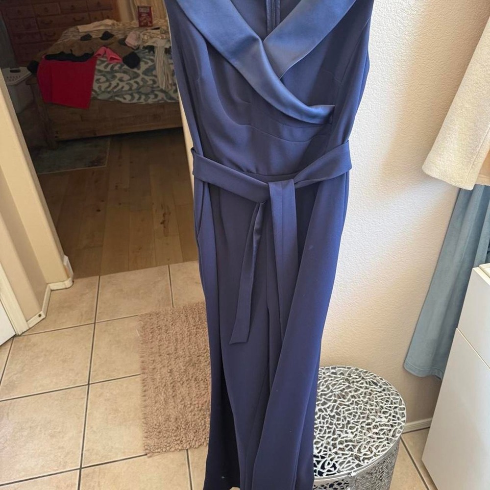 Tahari Arthur S. Levine Navy Blue Off Shoulder Wrap Tie Waist Jumpsuit Size 16